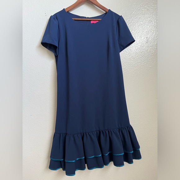 BETSEY JOHNSON - Scuba Crepe Dress With Ruffle Hem Size 12 - Picture 2 of 5